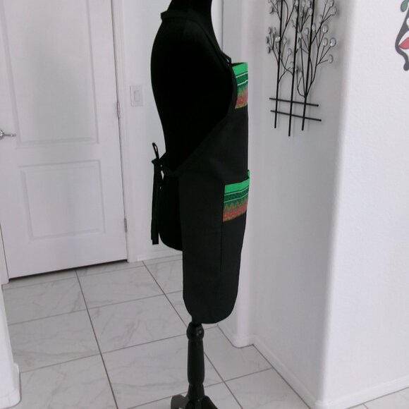 New Black Batik Green Gold Metallic Fuchsia Pink Over the Head Apron Pockets - Picture 10 of 12